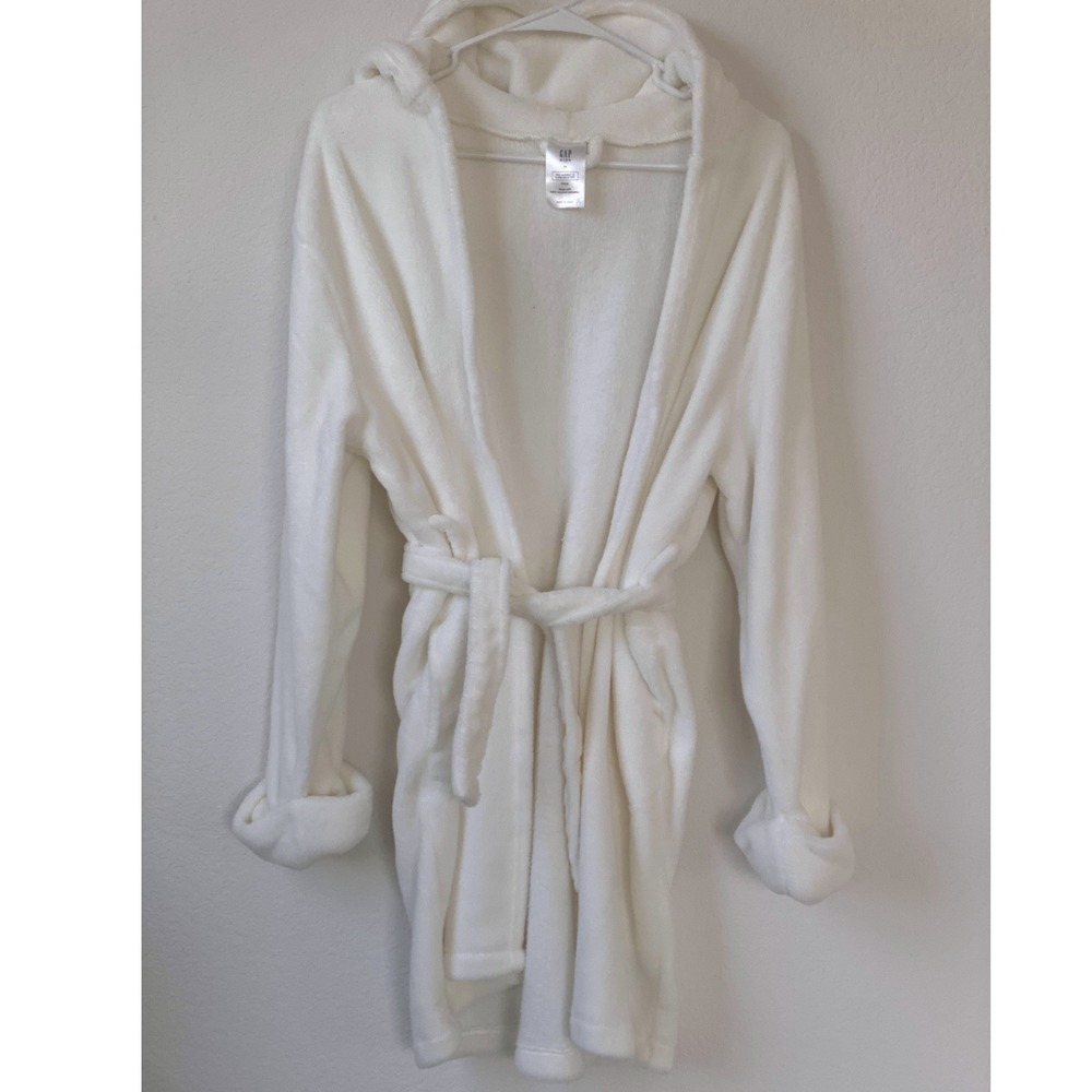 Gap Kids White Fleece Hooded Bathrobe Size 14 Recycled Polyester Tie Waist Robe - Picture 2 of 16